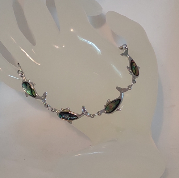 Silvertone Multi Link 7" Bracelet Paua Shell Blue & Greens Dolphins Fold over - Picture 2 of 5